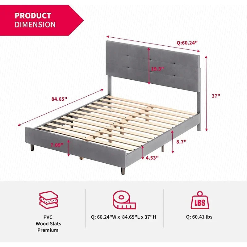 Cadre de lit Mixoy avec lumières LED RVB intelligentes, tête de lit capitonnée, plateforme recouverte de tissu PVC, sommier tapissier non requis