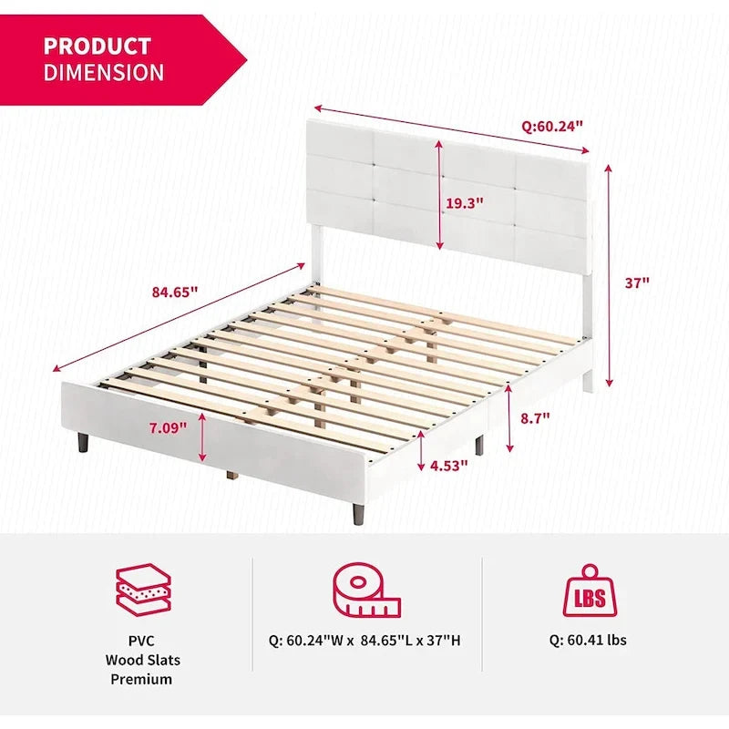Cadre de lit Mixoy avec lumières LED RVB intelligentes, tête de lit capitonnée, plateforme recouverte de tissu PVC, sommier tapissier non requis