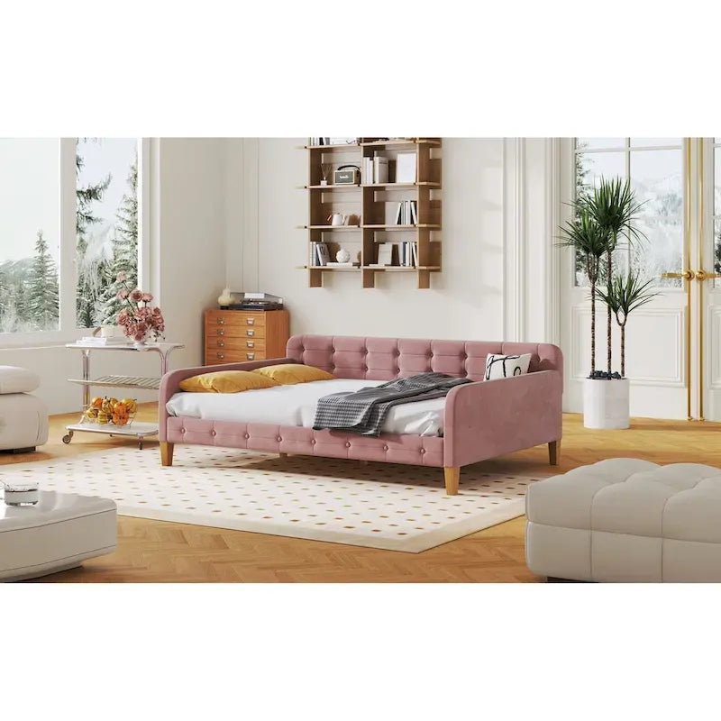 Lit de repos rembourré pleine grandeur avec 4 pieds de support, rose