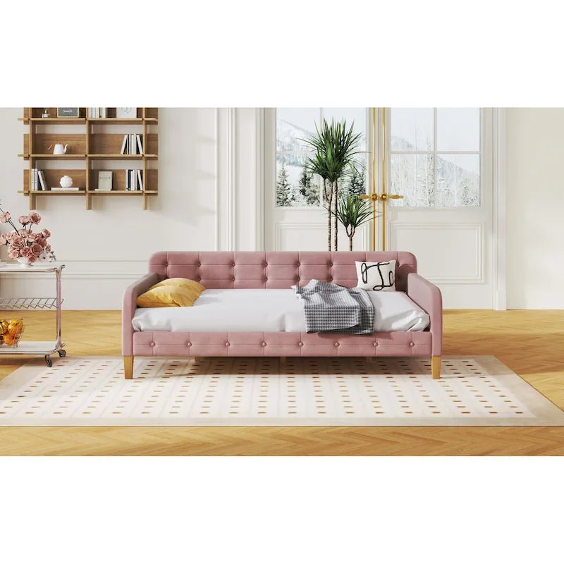 Lit de repos rembourré pleine grandeur avec 4 pieds de support, rose