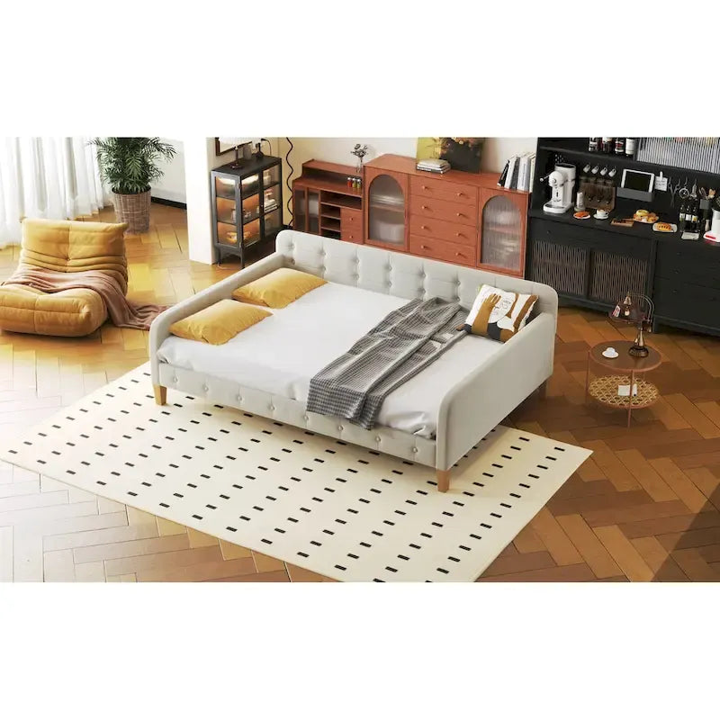 Lit de repos rembourré pleine grandeur avec 4 pieds de support, rose