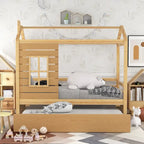 Lit cabane double en bois avec lit gigogne double (naturel)
