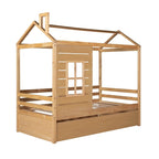 Lit cabane double en bois avec lit gigogne double (naturel)