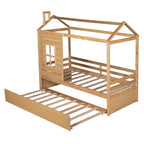 Lit cabane double en bois avec lit gigogne double (naturel)