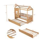 Lit cabane double en bois avec lit gigogne double (naturel)