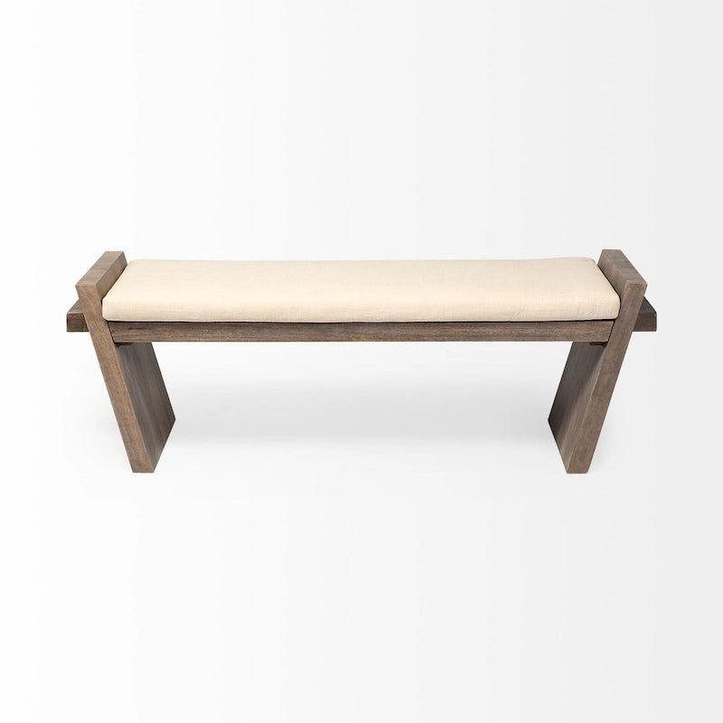 Banc d'entrée Elaine en tissu crème avec cadre en bois brun - 58 l. x 15 p. x 20 h.