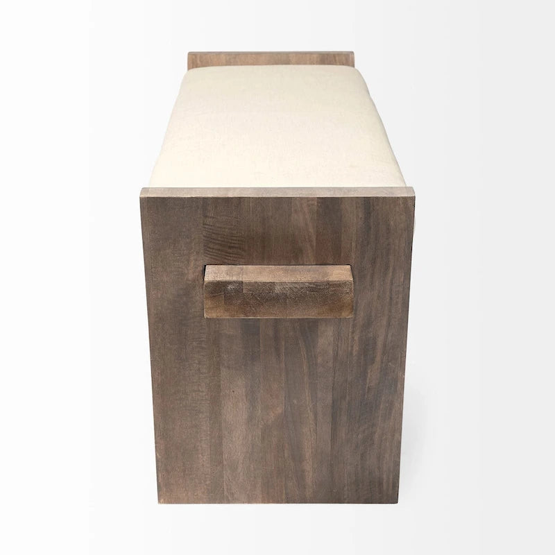 Banc d'entrée Elaine en tissu crème avec cadre en bois brun - 58 l. x 15 p. x 20 h.