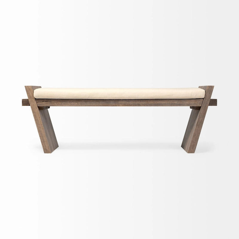 Banc d'entrée Elaine en tissu crème avec cadre en bois brun - 58 l. x 15 p. x 20 h.