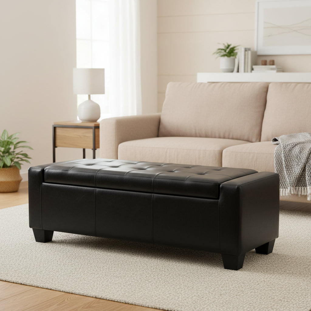 Porch & Den Pickard Black Faux Leather Storage Ottoman Bench