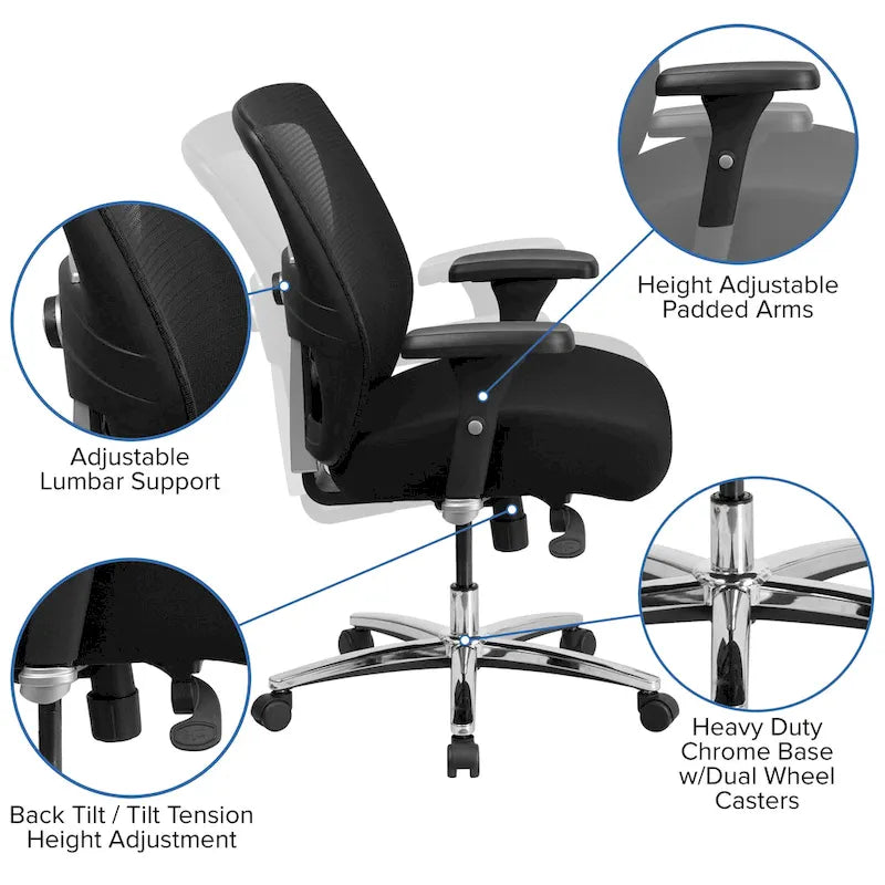 Fauteuil de bureau ergonomique en maille 24/7 pour usage intensif, grande taille, capacité 227 kg