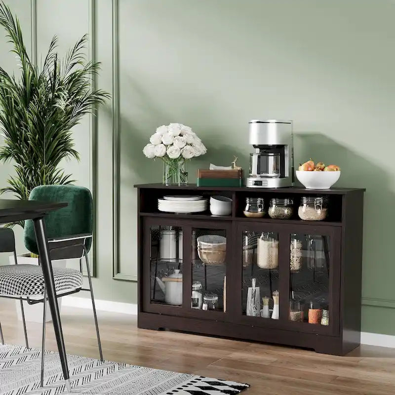 Buffet de cuisine moderne avec portes vitrées coulissantes, brun foncé