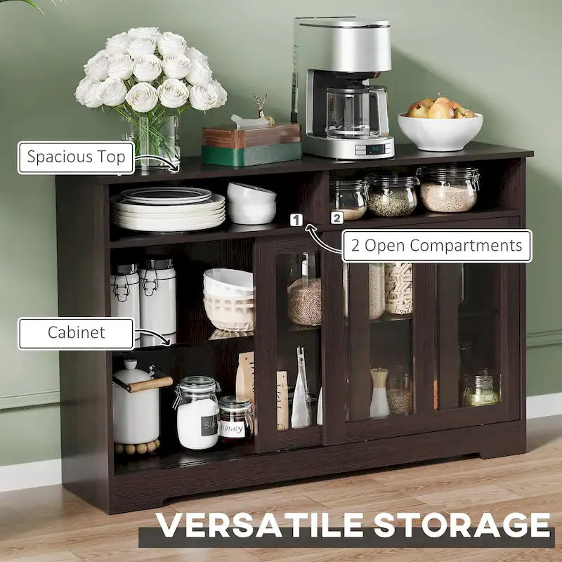 Buffet de cuisine moderne avec portes vitrées coulissantes, brun foncé