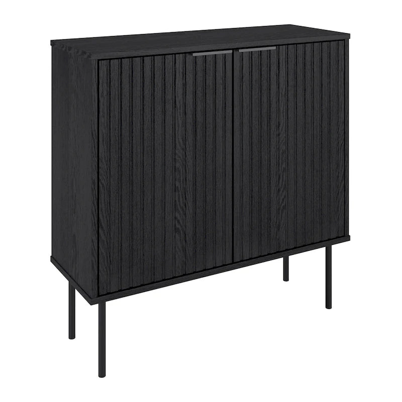 Bahut compact avec portes cannelées et pieds en métal, Noir