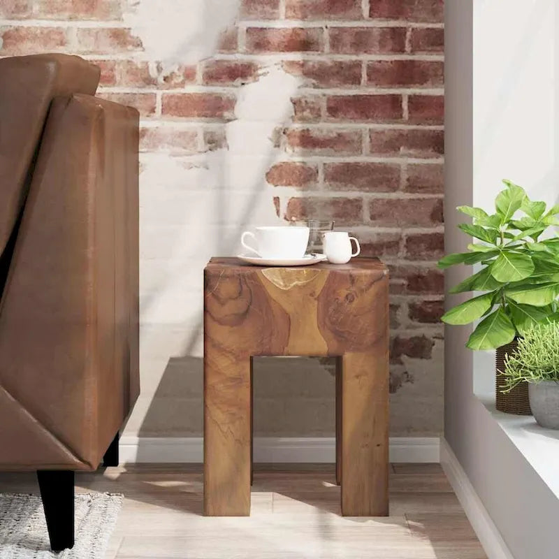 Tabouret en teck massif, petite table d'appoint, marron - 11,8 x 11,8 x 15,7