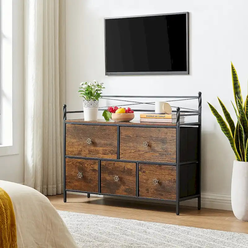 Commode en bois Javlergo avec 5 tiroirs – Meuble de rangement pour chambre, salon