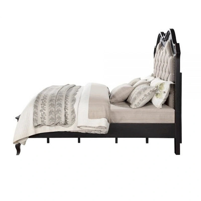Lit King Size Chery avec Tête de lit capitonnée, Rembourrage beige, Noir