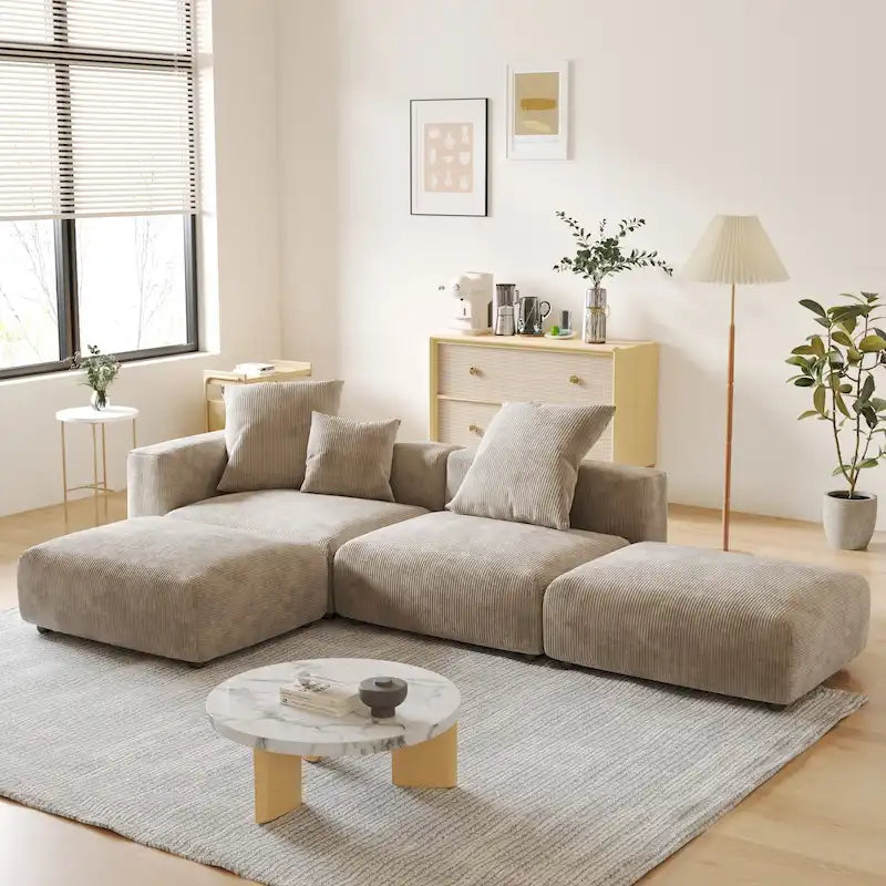 Canapé modulable en forme de L, revêtu de velours côtelé, avec méridienne, pouf et 3 coussins