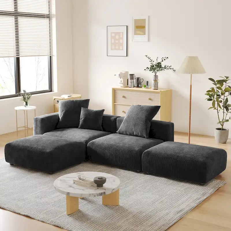 Canapé modulable en forme de L, revêtu de velours côtelé, avec méridienne, pouf et 3 coussins