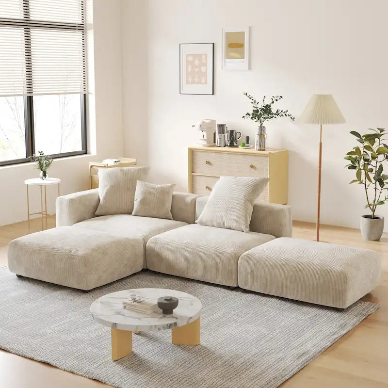 Canapé modulable en forme de L, revêtu de velours côtelé, avec méridienne, pouf et 3 coussins