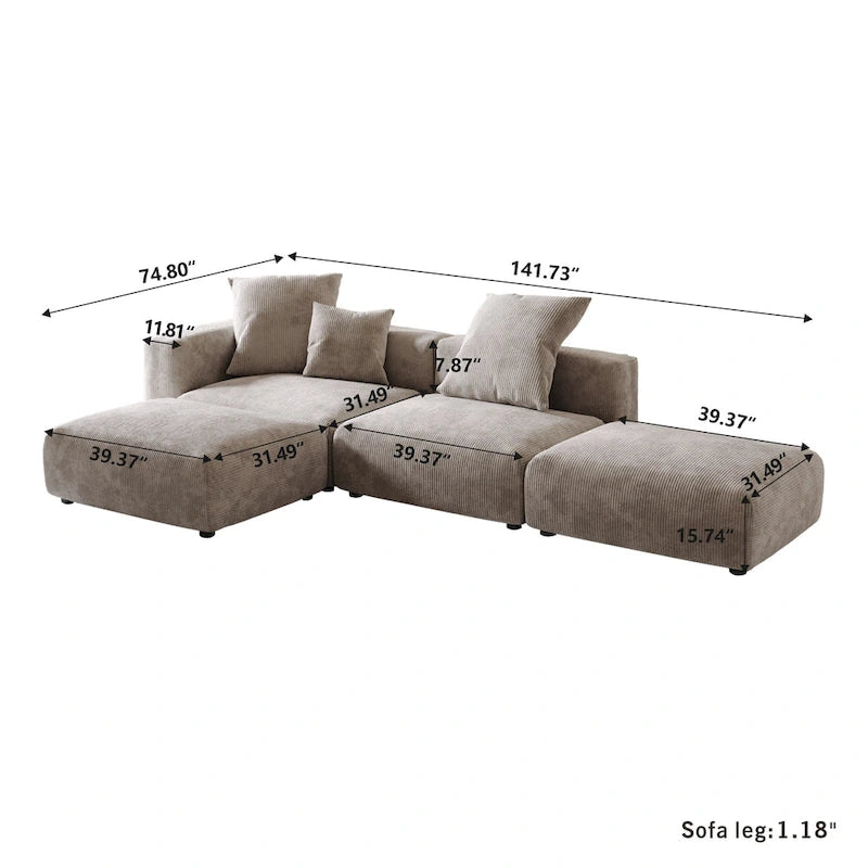 Canapé modulable en forme de L, revêtu de velours côtelé, avec méridienne, pouf et 3 coussins