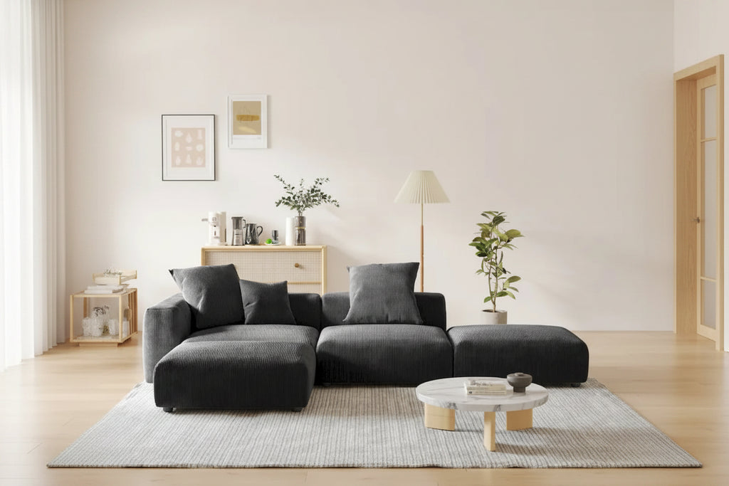 Canapé modulable en forme de L, revêtu de velours côtelé, avec méridienne, pouf et 3 coussins