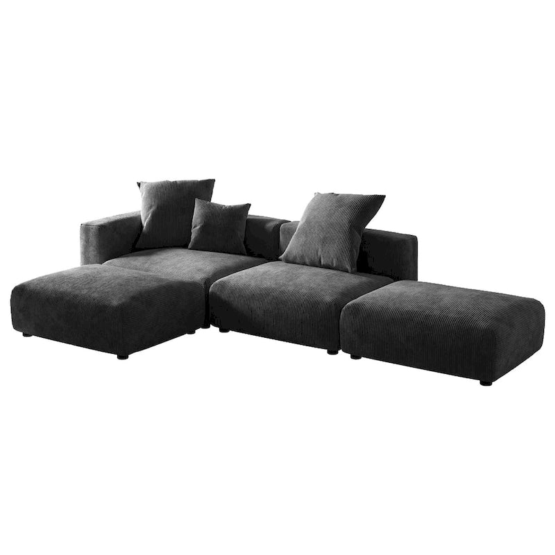 Canapé modulable en forme de L, revêtu de velours côtelé, avec méridienne, pouf et 3 coussins