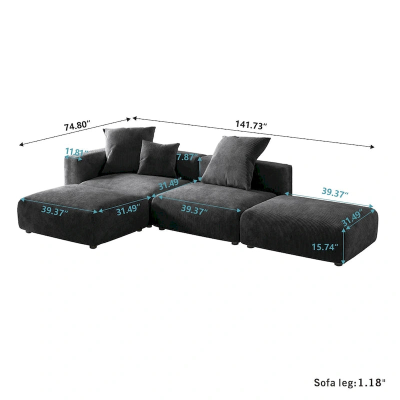 Canapé modulable en forme de L, revêtu de velours côtelé, avec méridienne, pouf et 3 coussins