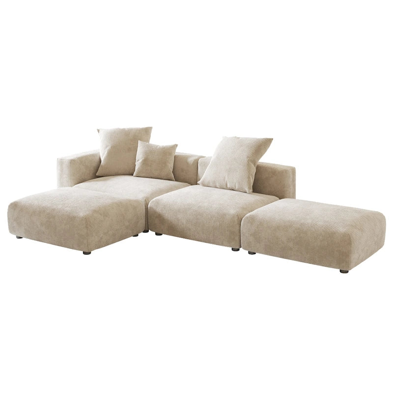 Canapé modulable en forme de L, revêtu de velours côtelé, avec méridienne, pouf et 3 coussins