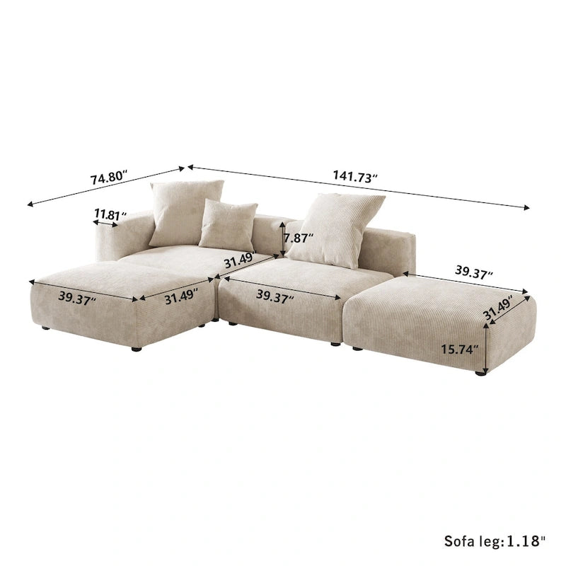 Canapé modulable en forme de L, revêtu de velours côtelé, avec méridienne, pouf et 3 coussins