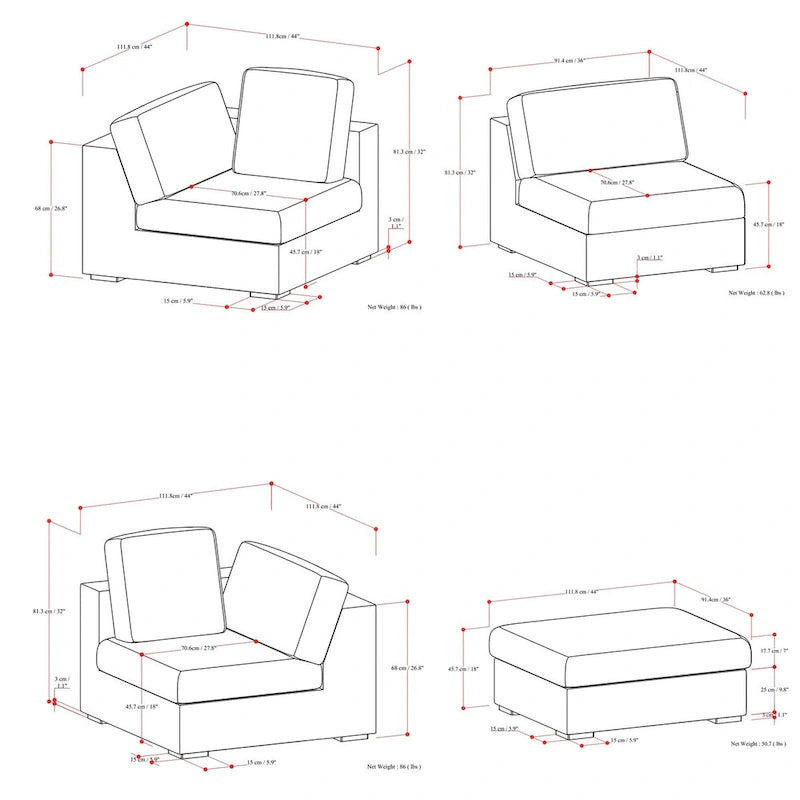 Canapé modulaire 3 places Marlee et pouf en tissu chenille velouté haute performance