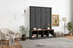 Stylish Wooden Tall Hall Tree with 8 Cabinets and 4 Open Storage Compartments