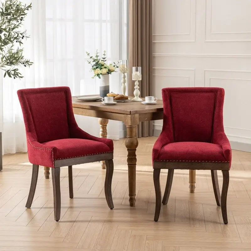 Chaises de salle à manger en tissu épais avec pieds en bois massif et clous décoratifs en bronze (lot de 2)
