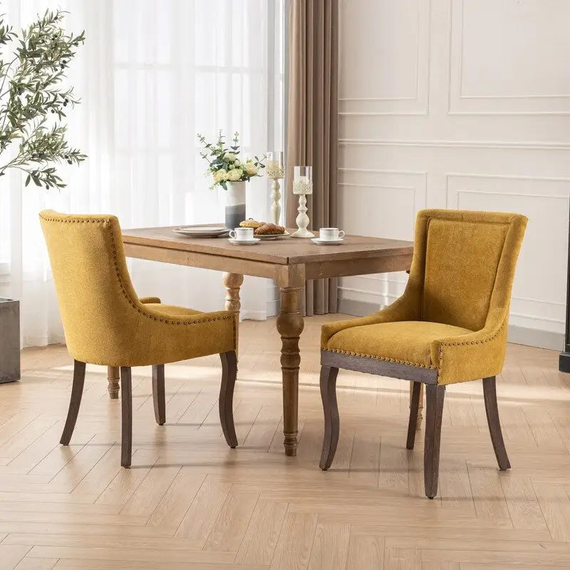 Chaises de salle à manger en tissu épais avec pieds en bois massif et clous décoratifs en bronze (lot de 2)