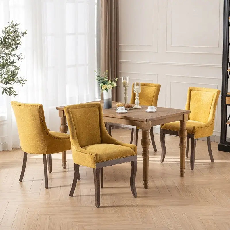 Chaises de salle à manger en tissu épais avec pieds en bois massif et clous décoratifs en bronze (lot de 2)
