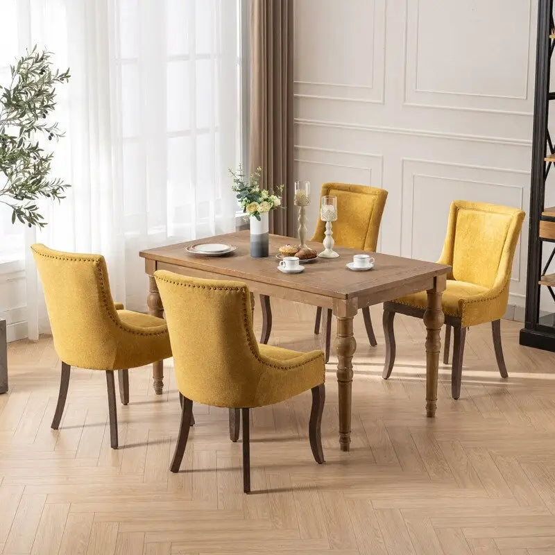 Chaises de salle à manger en tissu épais avec pieds en bois massif et clous décoratifs en bronze (lot de 2)