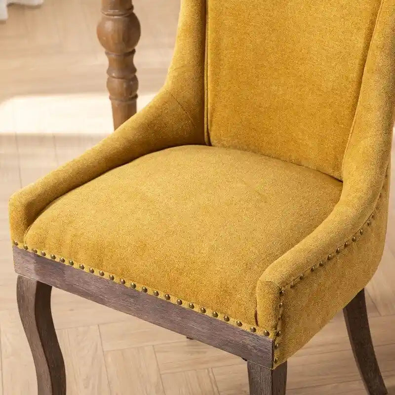 Chaises de salle à manger en tissu épais avec pieds en bois massif et clous décoratifs en bronze (lot de 2)