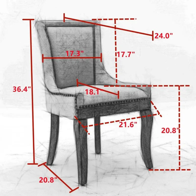 Chaises de salle à manger en tissu épais avec pieds en bois massif et clous décoratifs en bronze (lot de 2)