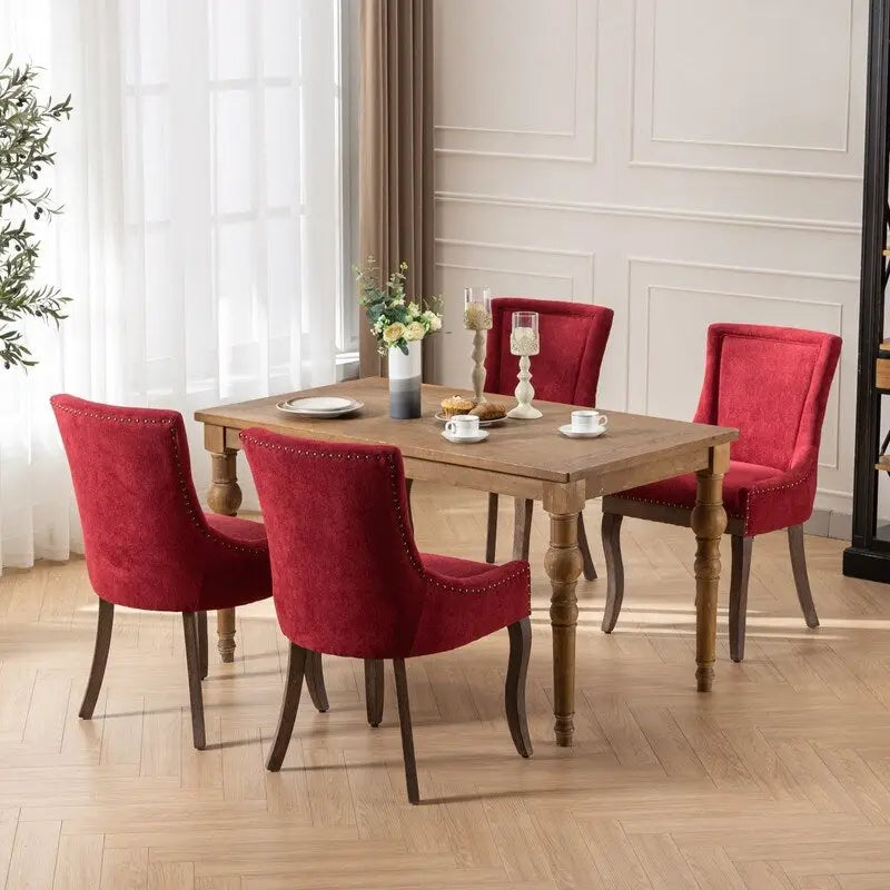Chaises de salle à manger en tissu épais avec pieds en bois massif et clous décoratifs en bronze (lot de 2)