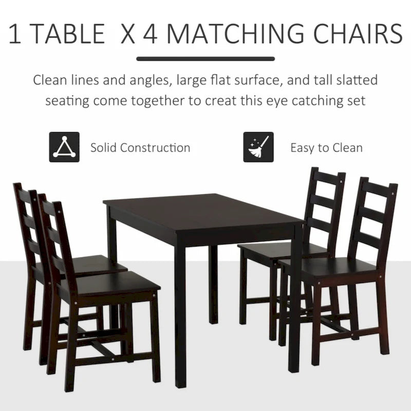 Ensemble de salle à manger 5 pièces, table et chaises de cuisine en bois pour coin repas, coin petit-déjeuner, brun châtaigne