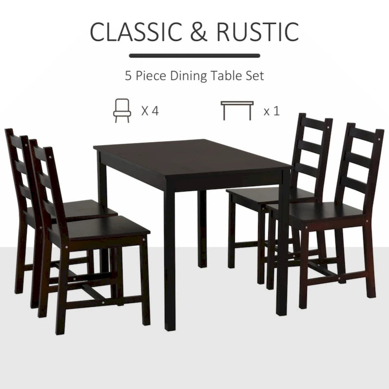 Ensemble de salle à manger 5 pièces, table et chaises de cuisine en bois pour coin repas, coin petit-déjeuner, brun châtaigne