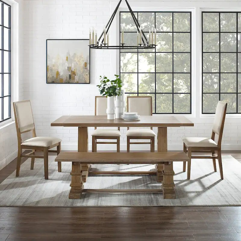 Ensemble de salle à manger rustique 6 pièces avec table à tréteaux, 4 chaises et banc, marron rustique