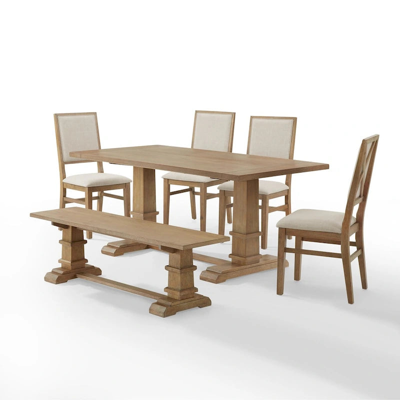 Ensemble de salle à manger rustique 6 pièces avec table à tréteaux, 4 chaises et banc, marron rustique