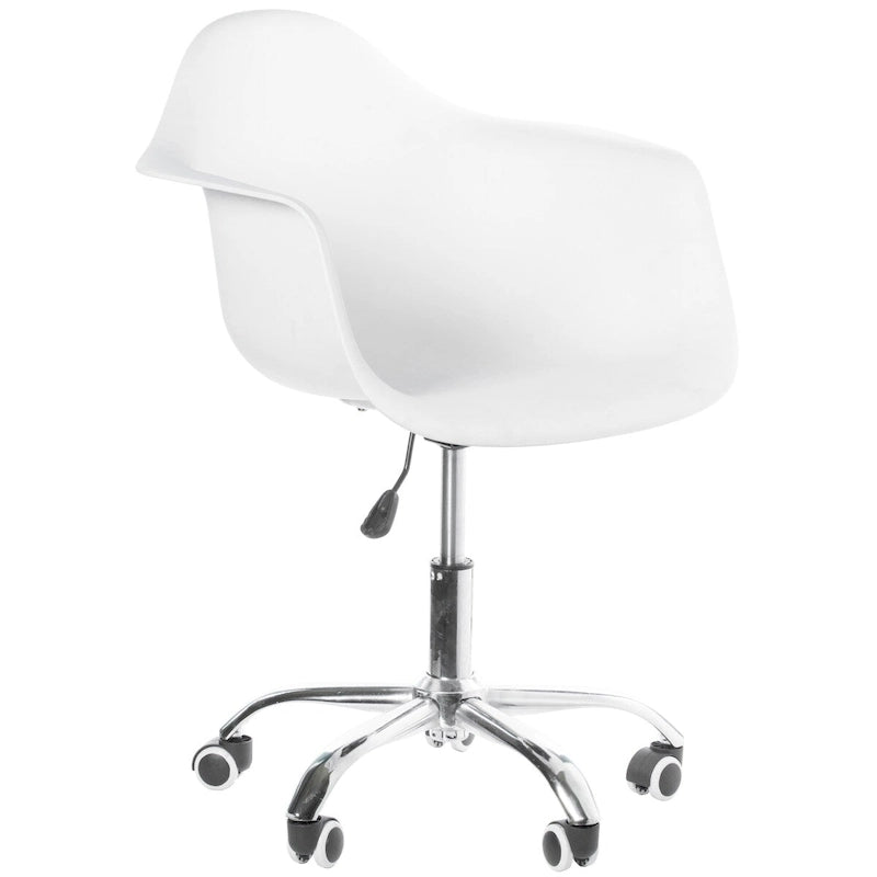 Chaise de bureau pivotante à coque moulée en plastique de style Mid-Century Modern avec roulettes, réglable.