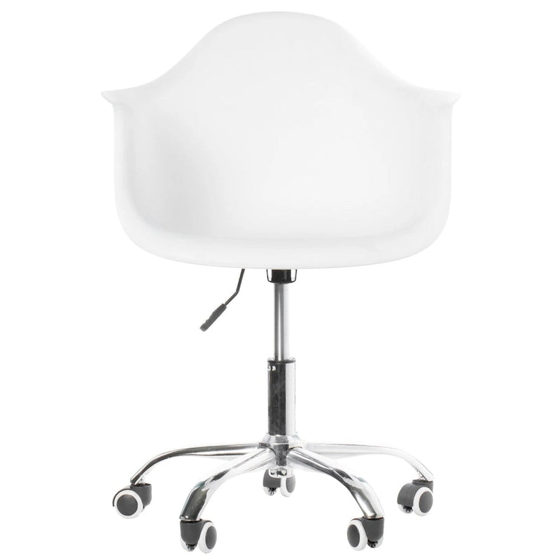 Chaise de bureau pivotante à coque moulée en plastique de style Mid-Century Modern avec roulettes, réglable.