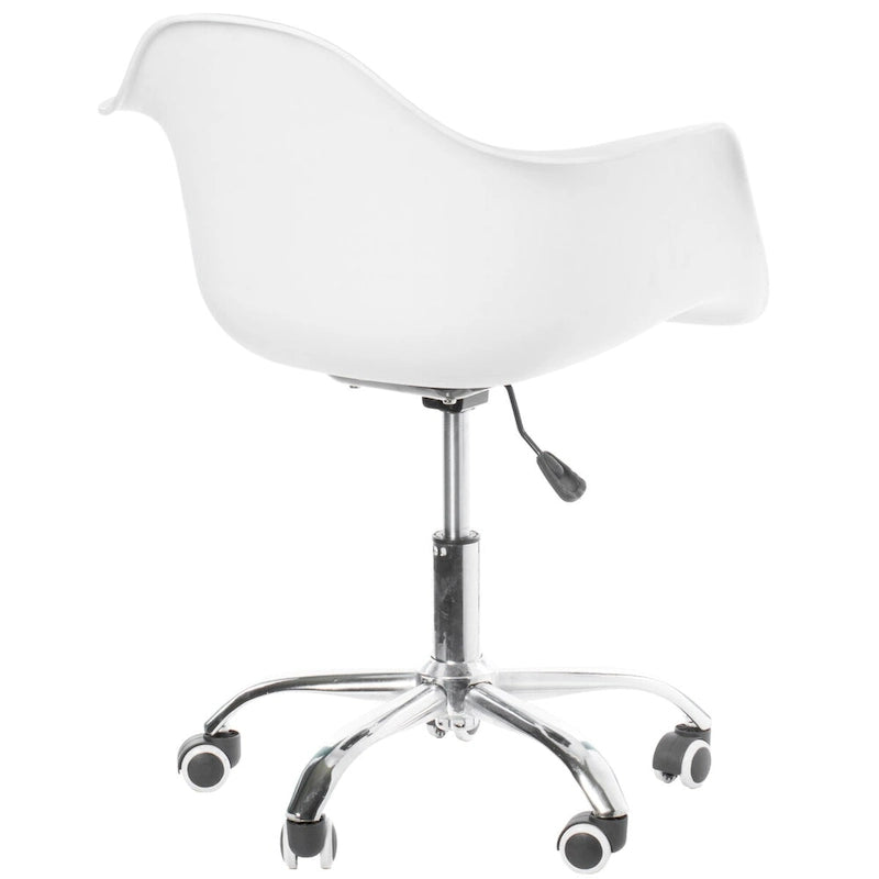 Chaise de bureau pivotante à coque moulée en plastique de style Mid-Century Modern avec roulettes, réglable.