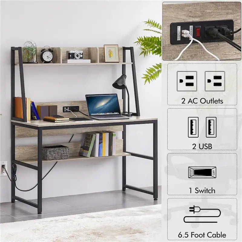 Bureau d'ordinateur Yaheetech 47,5 pouces pour la maison et le bureau avec prise électrique et étagère surélevée