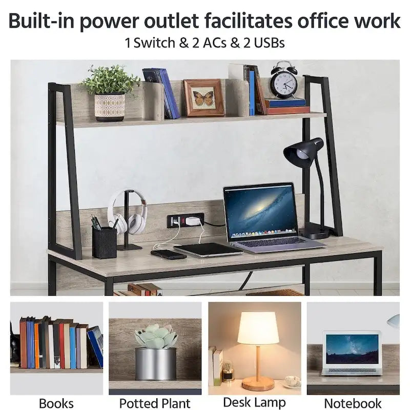 Bureau d'ordinateur Yaheetech 47,5 pouces pour la maison et le bureau avec prise électrique et étagère surélevée
